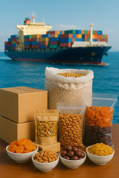 Bulk cartons and big bags of dried fruits and nuts ready for export